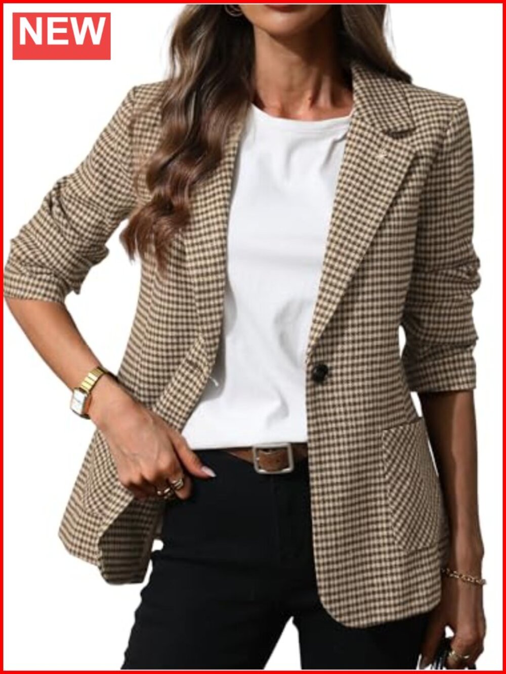 Women's Houndstooth Blazer with Embroidered Collar & Pockets